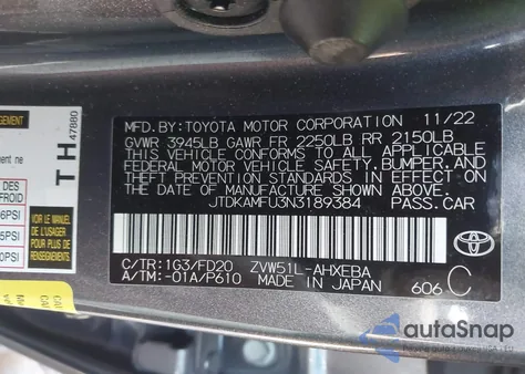 2022 Toyota Prius Le from USA, damaged, VIN JTDKAMFU3N3189384